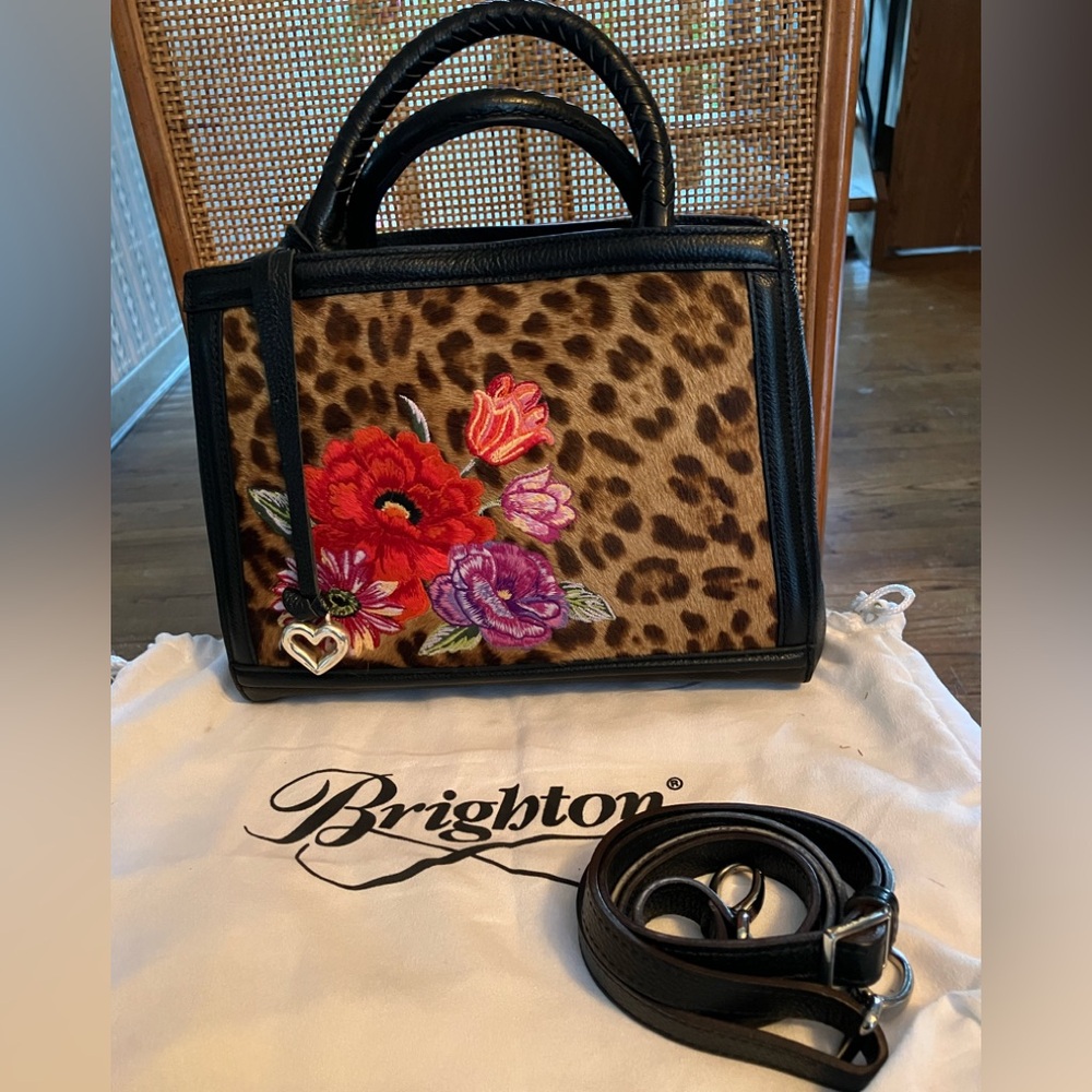 Brighton Harper Medium Satchel Black and Hair Leather with Embroidered Flowers